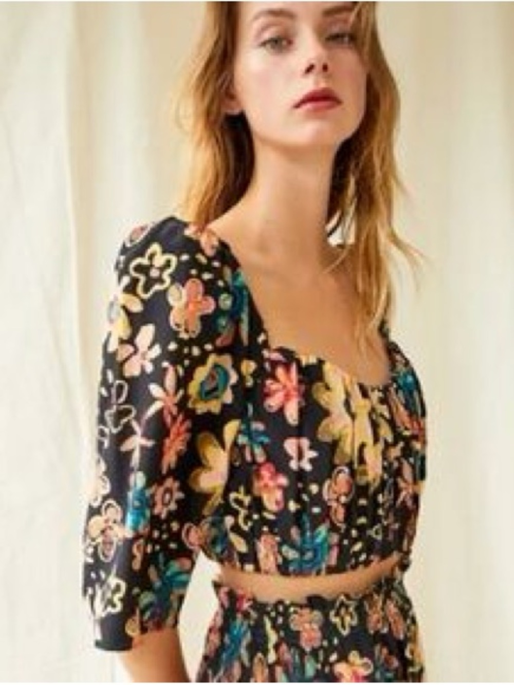 Wilfred Silk Square-Neck Puff Sleeve Floral Crop Top - Black Multi